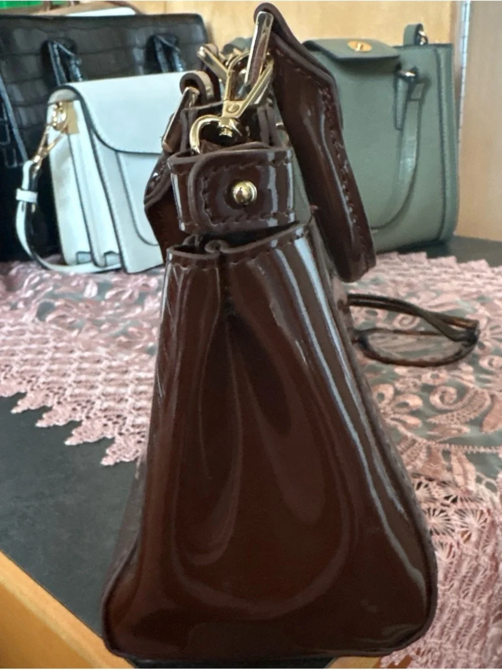 Patent Leather Tote Bag in Deep Brown